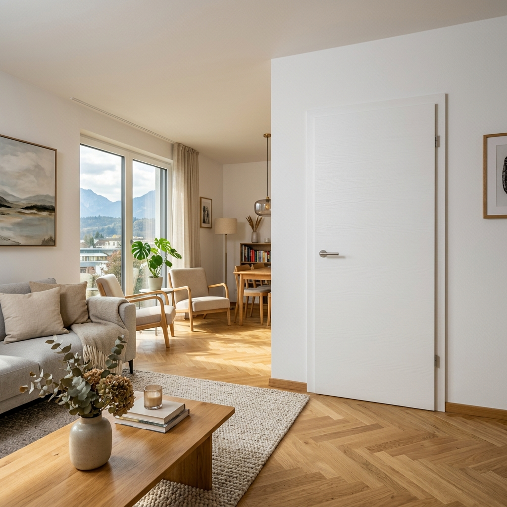 Weiße modernisierte Tür in hellem Wohnzimmer