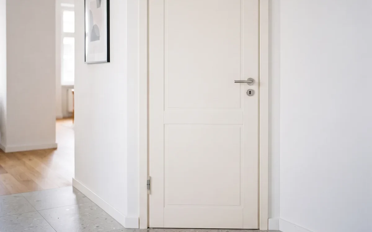 Heller Flur mit renovierter warmweißer Kassettentür