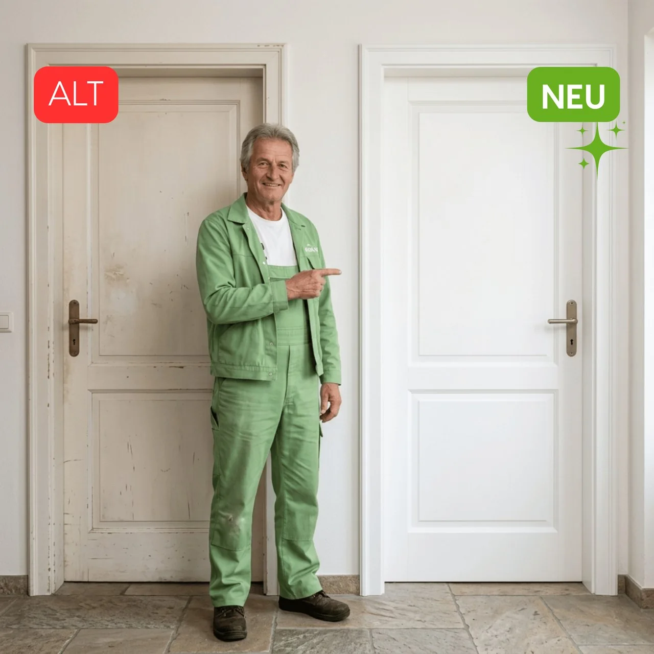 PORTAS Türenrenovierung: alte Tür und neue Tür im direkten Vergleich
