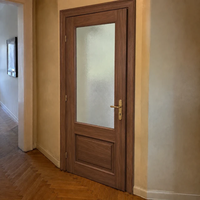 Dieselbe Altbau-Glastür in Nussbaumoptik nach der Gestaltung